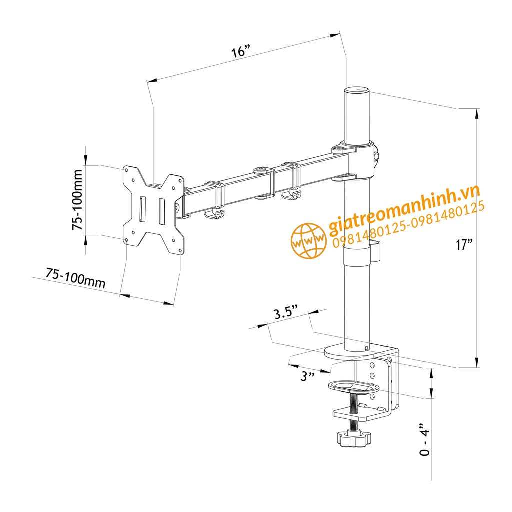 Giá Treo Màn Hình M051 Tay 38 Cm - Hàng Cao Cấp 17-32 Inch / Tải Trọng 8Kg  - Lắp Đặt Kẹp Bàn