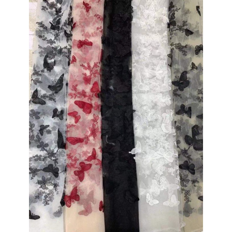 Vải ren hồ điệp thêu 3d