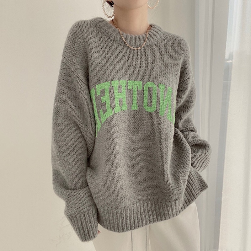 Porozi  Áo sweater nữ cổ tròn dáng rộng in chữ kiểu Hàn Quốc