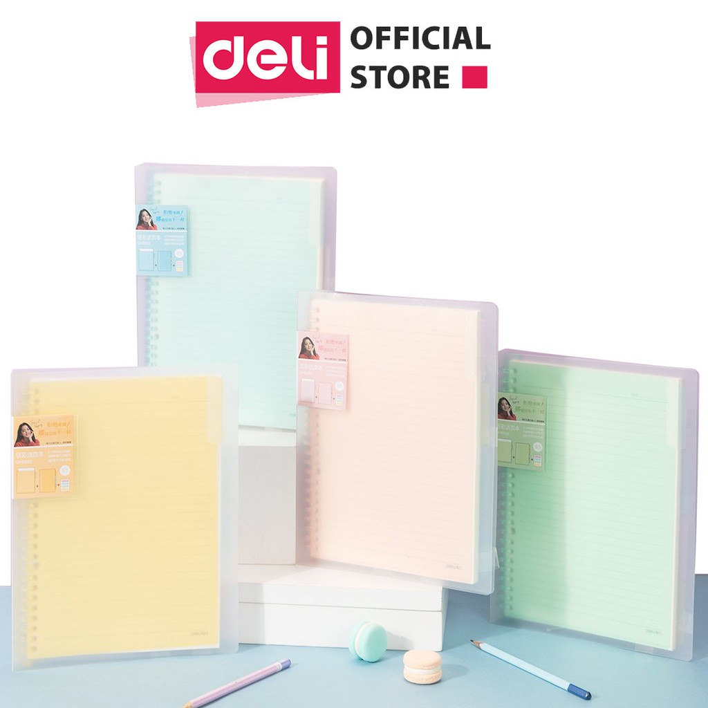 Sổ bìa còng kèm lõi Deli-gáy lò xo khổ A5/B5 có file lá phân và sticker đi kèm - 120 trang