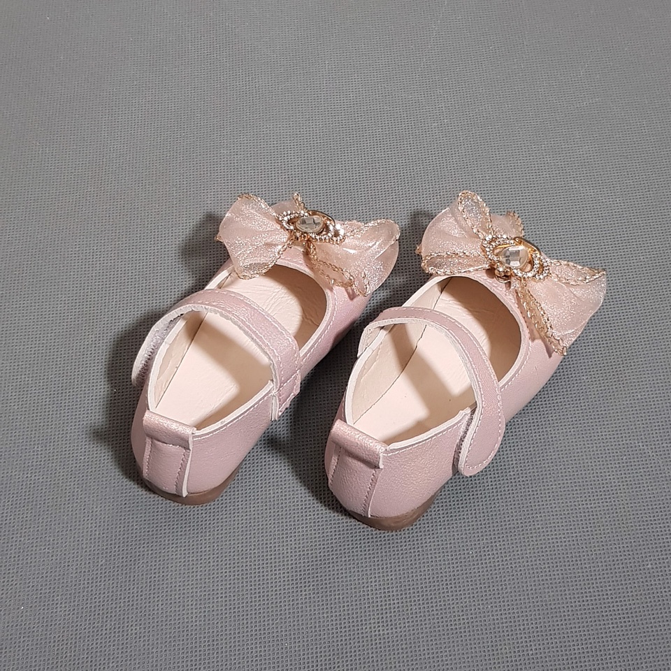 Giày búp bê da mềm hồng ánh bạc phối nơ vương miện bé gái nhỏ