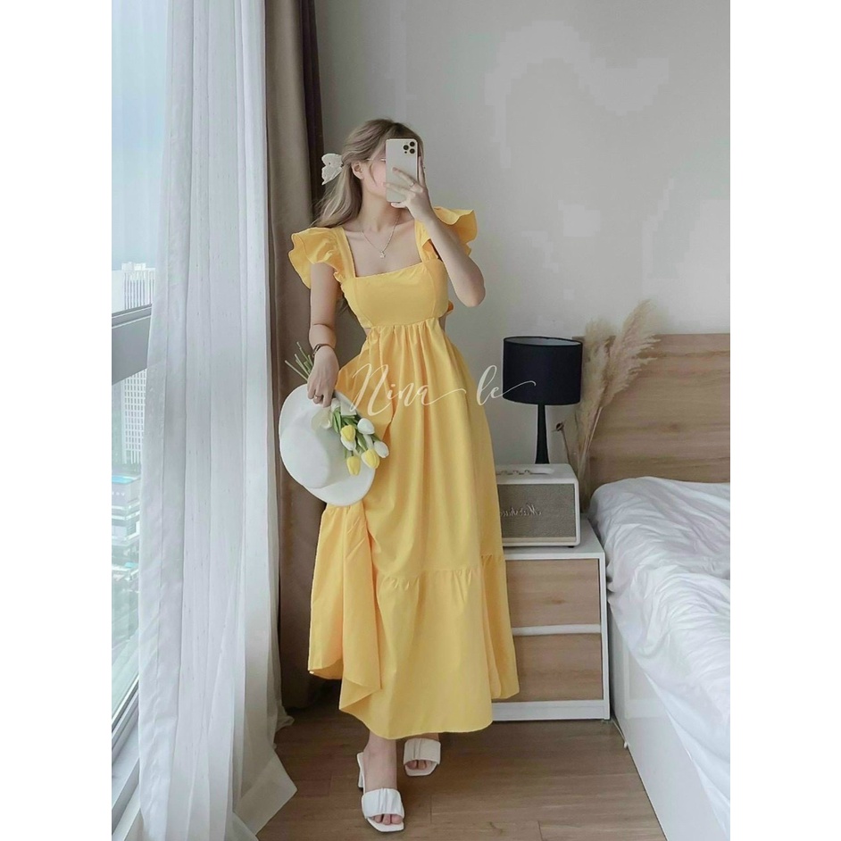 Đầm thời trang nữ mặc đi chơi chất lụa cao cấp áo cánh tiên cột nơ sau lưng có mút ngực