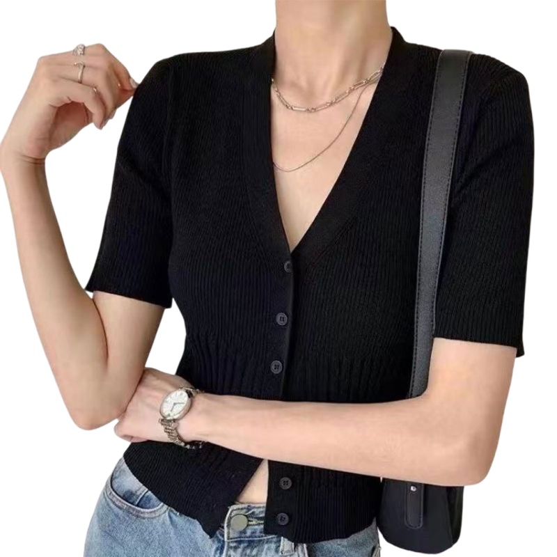 Áo Croptop Dệt Kim Ngắn Tay Cổ Chữ V Phối Nút Gợi Cảm Cho Nữ