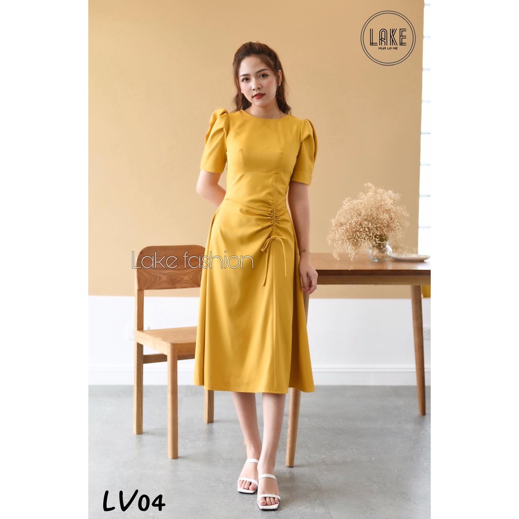 Váy,đầm tay bồng rút eo che bụng lake fashion màu vàng | BigBuy360 - bigbuy360.vn