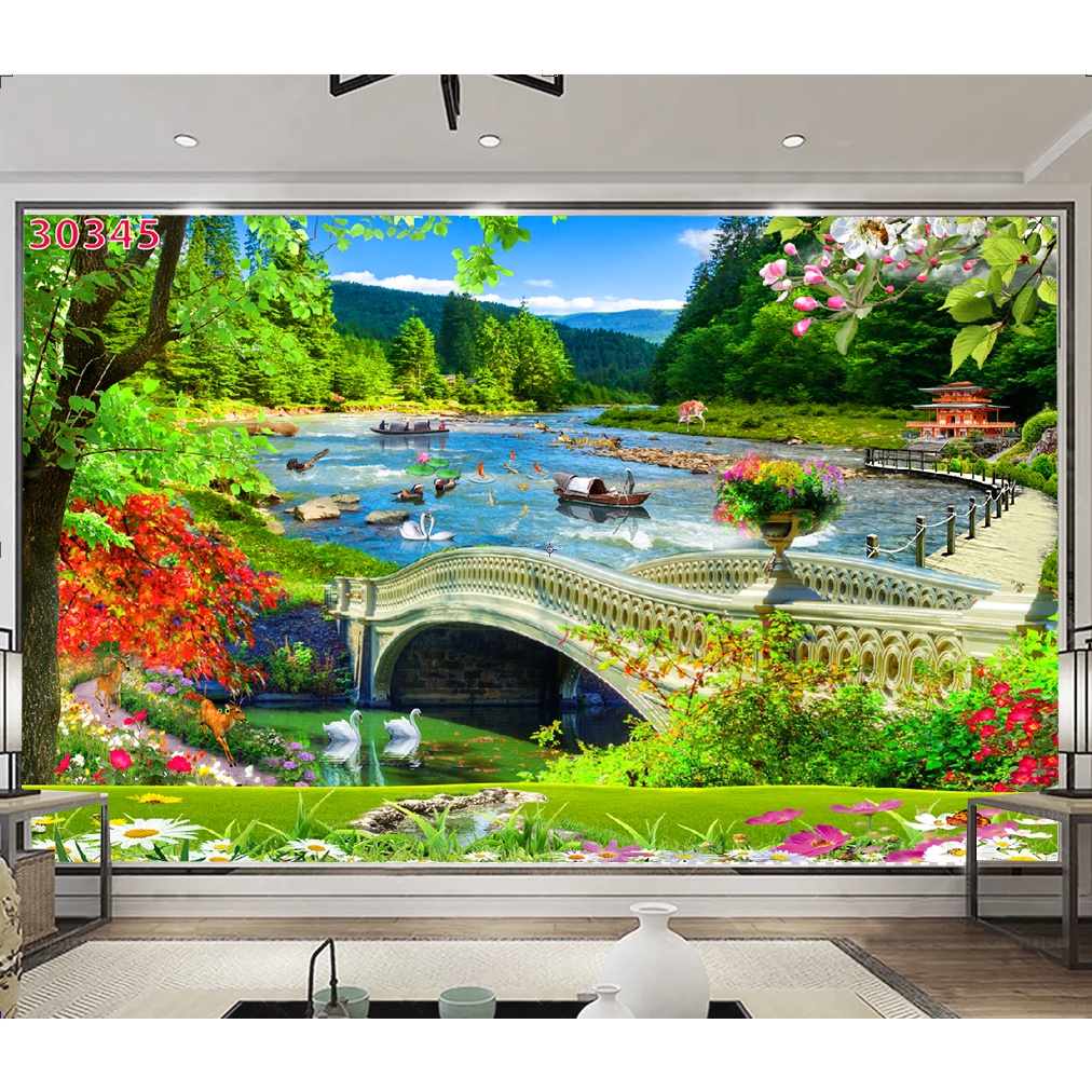 Tranh dán tường 3D cảnh rừng cây hùng vỹ