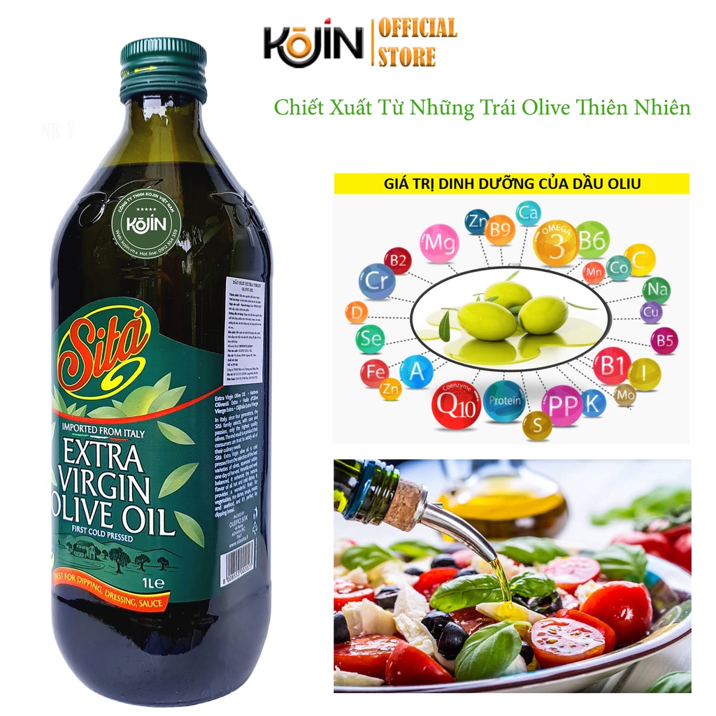 Dầu Oliu KOJIN Dầu Oliu  Extra Virgin Italia Ép Lạnh 100% Siêu Nguyên Chất Chai Thủy Tinh 1L Hàng Mới