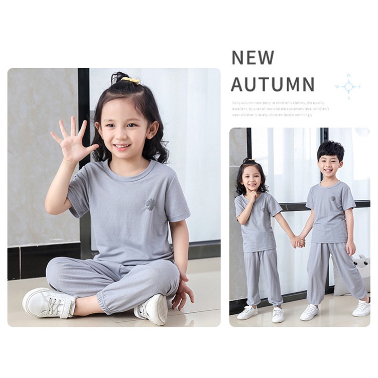 [LF.VN] Set Áo Thun + Quần Dài Trơn Màu Bằng Lụa Lạnh Kích Thước 100-150cm Thời Trang Xuân Hè Dành Cho Bé