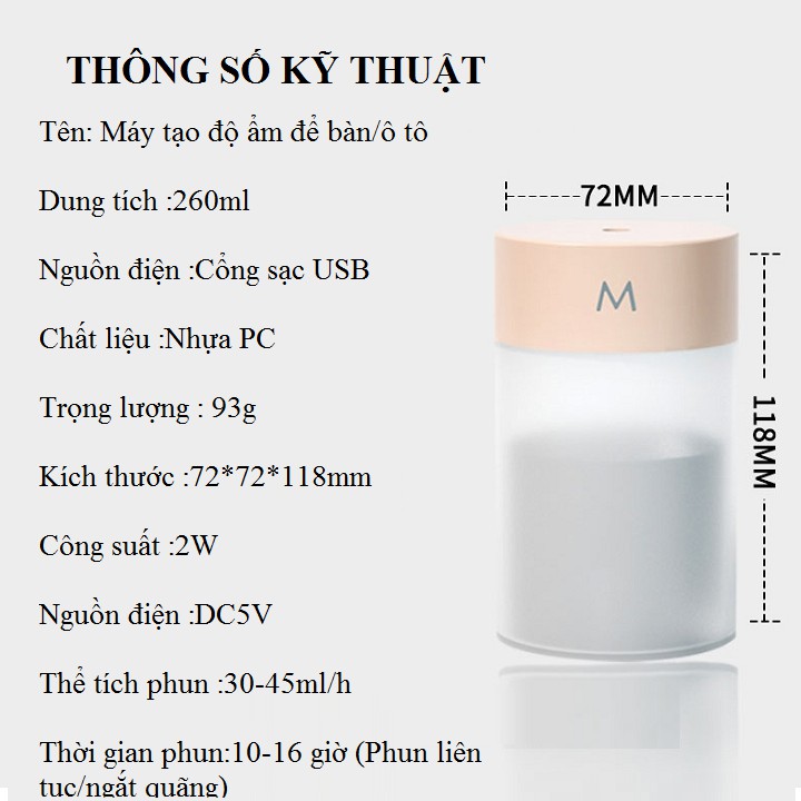 Máy phun sương - Máy khuếch tán tinh dầu - Máy xông tinh dầu có đèn led nhiều màu sắc 260ML MB4706