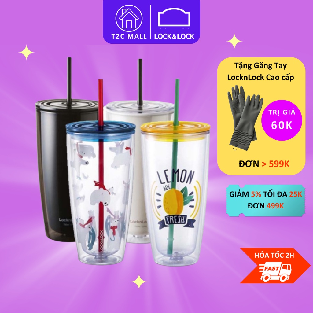 Ly Nhựa 2 Lớp Cách Nhiệt Kèm Ống Hút Và Cây Cọ Rửa Ống Hút Lock&Lock, Cốc Giữ Nhiệt 750ml HAP507 - T2Cmall