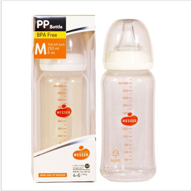 Bình sữa Wesser cổ hẹp PP Bottle kháng khuẩn 250ML