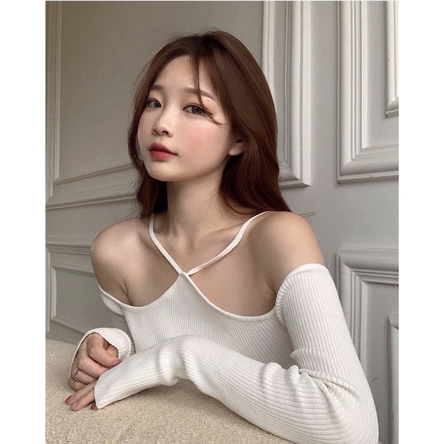 [HÀNG SẴN]ÁO LEN TĂM DÂY MẢNH CHÉO CỔ HỞ VAI SIÊU SEXY