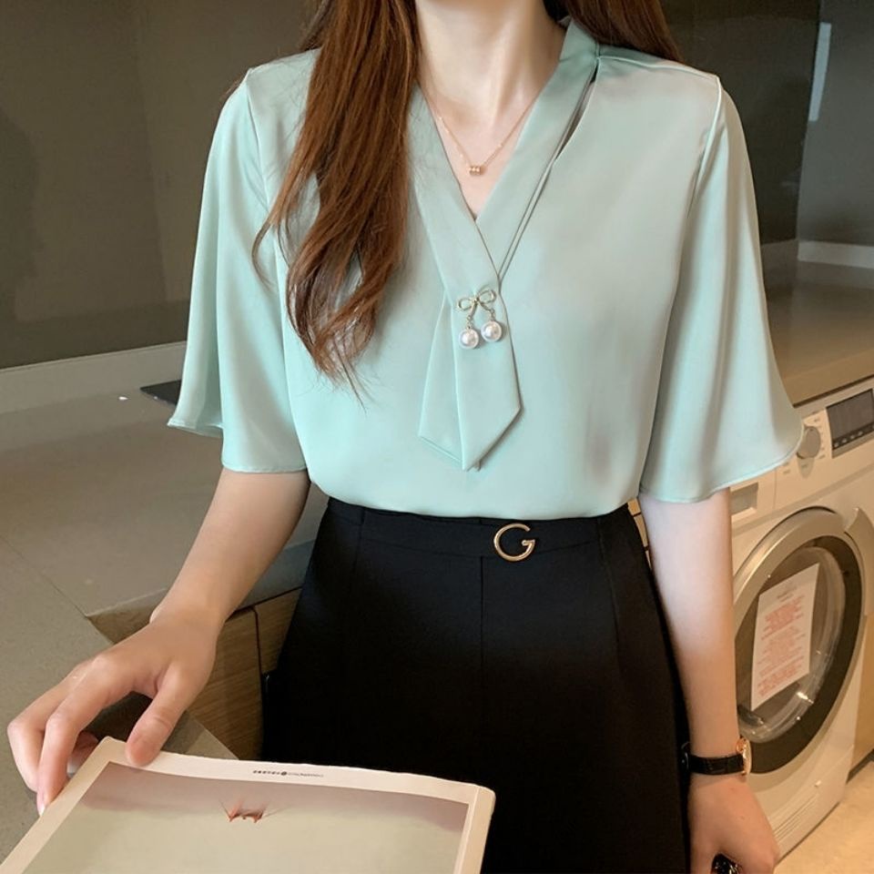 Áo Sơ Mi chiffon Tay Ngắn Cổ Chữ v Dáng Rộng Thời Trang Mùa Hè Cho Nữ