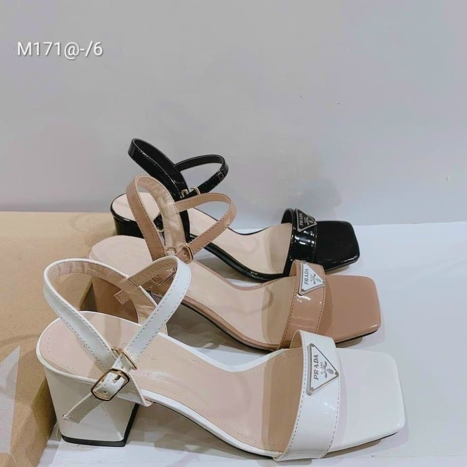 Sandal da bóng quai ngang P.ra.da gót trụ vuông đen trắng - 5P