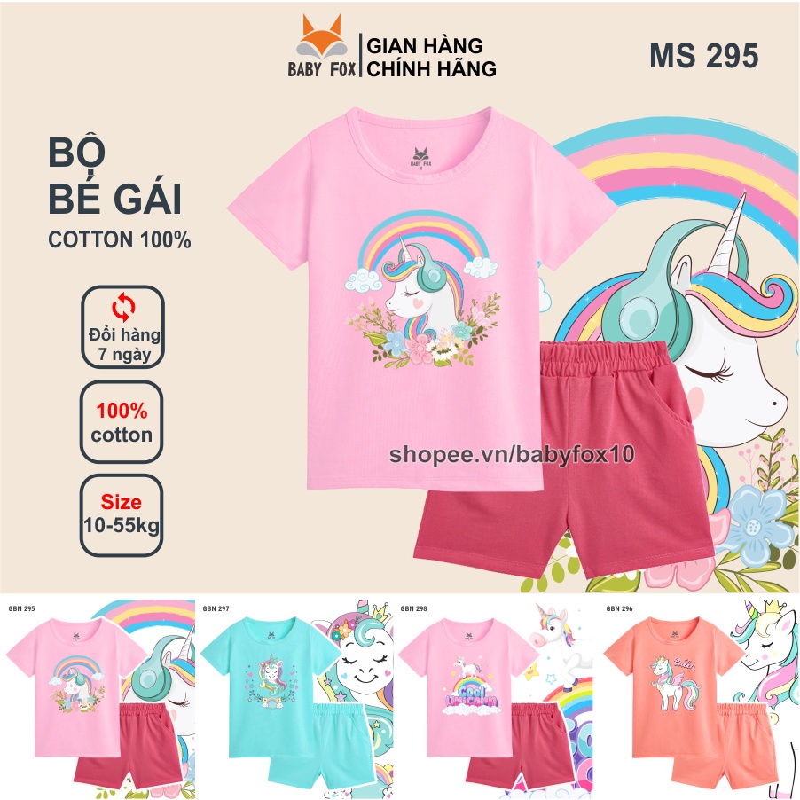 Bộ thun bé gái 100% cotton cao cấp, thương hiệu BABY FOX, in hình Unicon, size nhỏ, trung, đại i