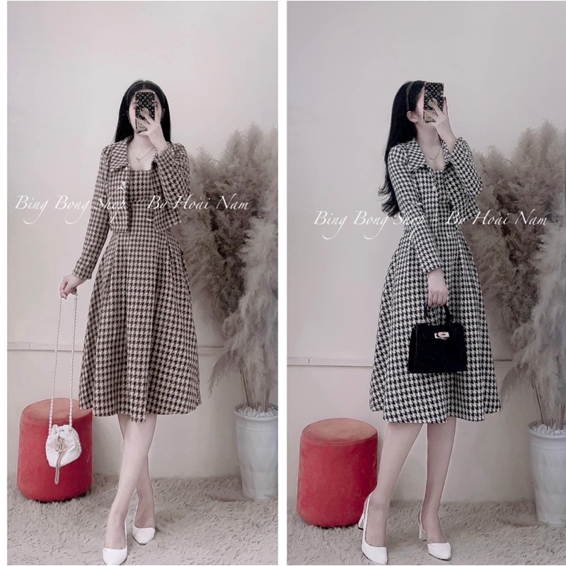 Sét dạ 2 món váy 2 dây và áo khoác ngoài 2 màu kèm ảnh thật _Tiệm của Ả