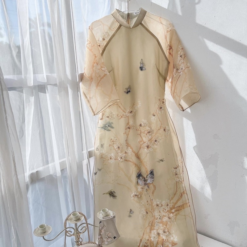 Áo Dài Voan Tơ 4 Tà Màu Da In Hình Cao Cấp_ADCHIMDA