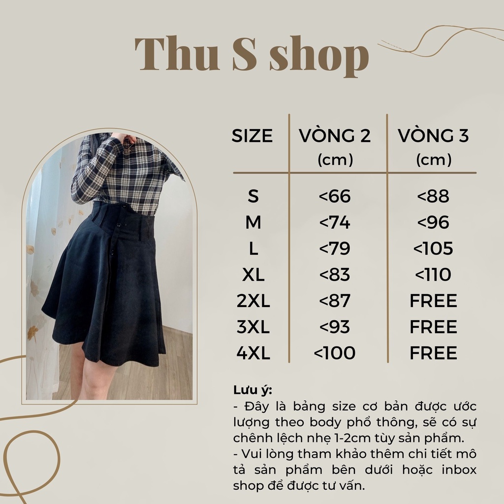 Chân Váy Cạp Lưng Cao Cúc Dọc, Váy Xòe Dáng Ngắn Siêu Tôn Dáng Che Bụng Eo Thon BIGSIZE Vải Mềm Dày Dặn THUS555