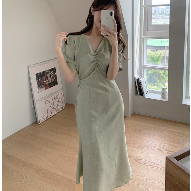 Đầm tay ngắn cổ chữ V thắt dây eo phong cách thanh lịch thời trang cho nữ 44032