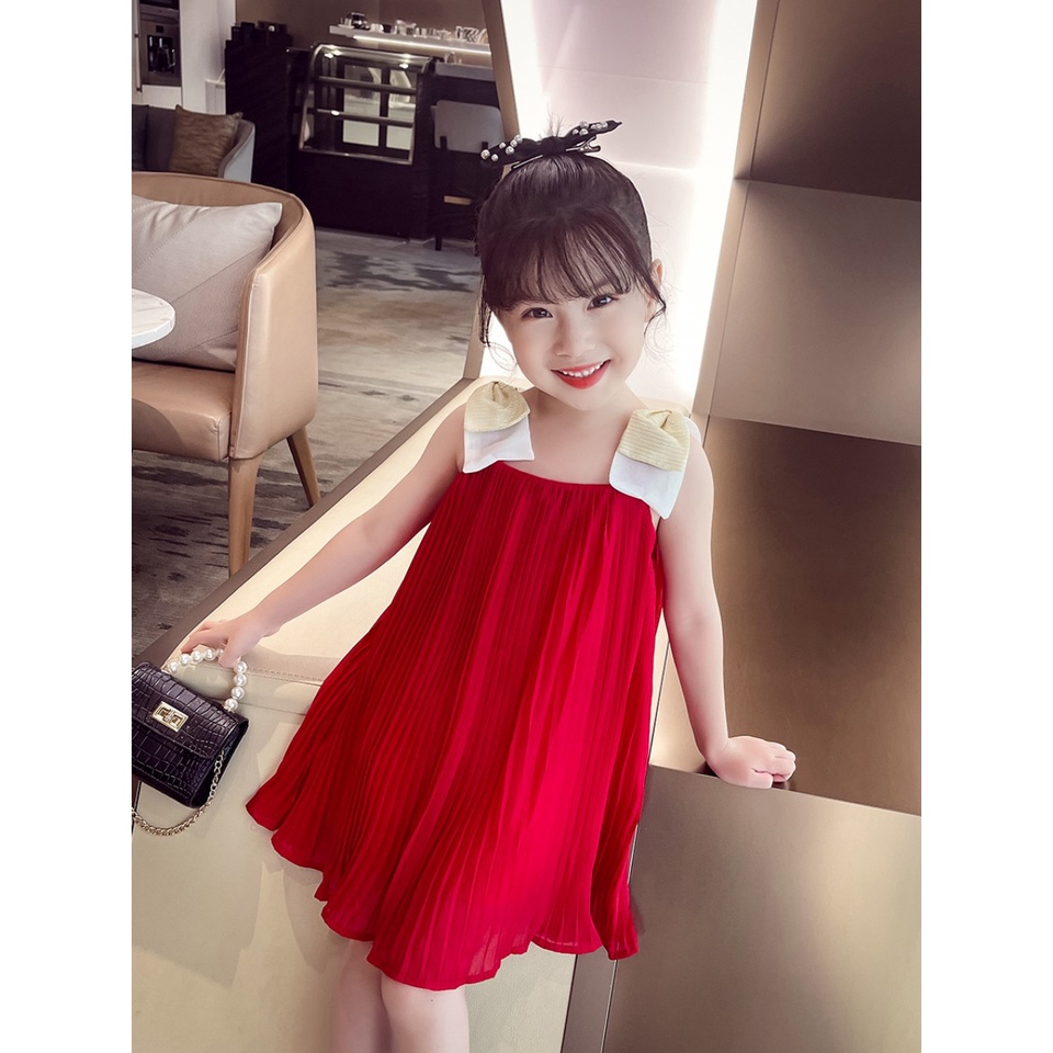 Váy xòe bé gái dập ly nơ vai điệu đà cho bé