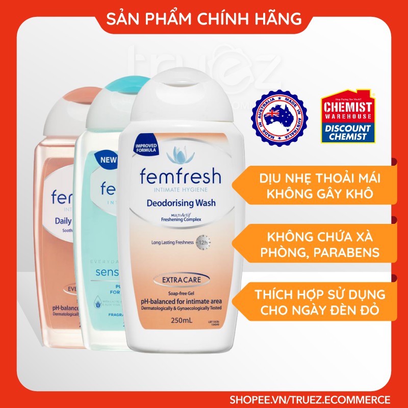 Dung Dịch Vệ Sinh Phụ Nữ Femfresh 250ml Úc [ÚC] Femfresh Deodorising/Sensitive/Daily Wash [Chính hãng]