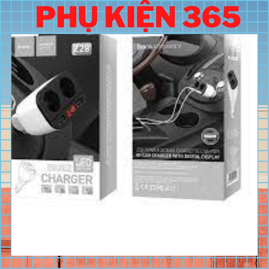 Thiết bị cốc sạc xe hơi xe ô tô đa năng Hoco Z28 2 cổng usb 2 tẩu sạc có đồng hồ hàng chính hãng bền đẹp bảo bệ an toàn