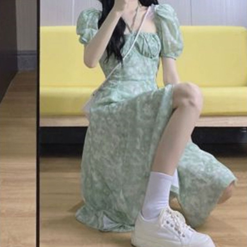 Đầm Midi Dáng Chữ A Cổ Vuông Tay Ngắn Phồng In Họa Tiết Hoa Phong Cách Pháp Cổ Điển Thời Trang Mùa Hè Cho Nữ