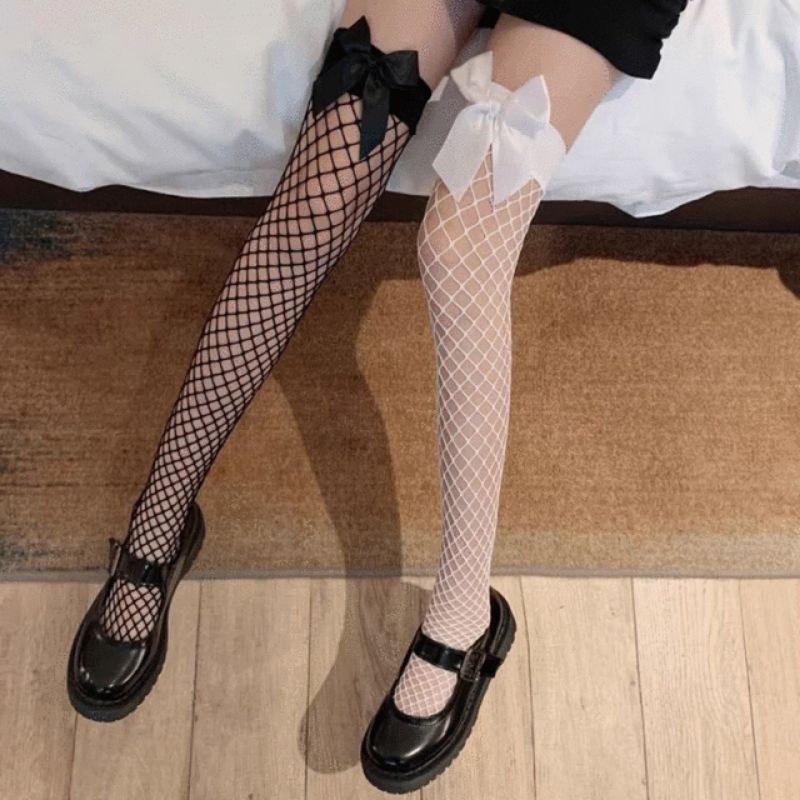 Tất đùi ren lưới đính nơ sexy - vớ qua gối lolita JK xuyên thấu gợi cảm