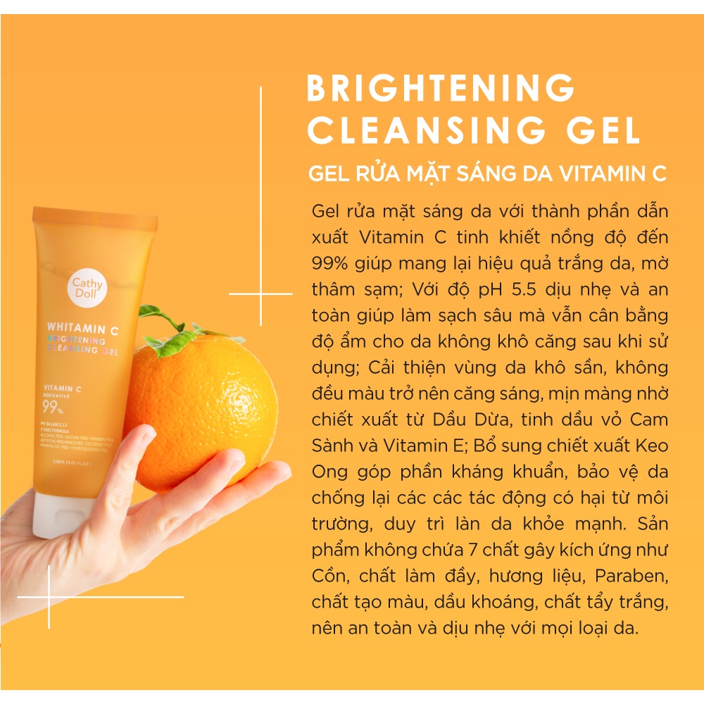 Gel rửa mặt dưỡng trắng da mờ thâm Cathy Doll Whitamin C Brightening Cleansing Gel 120ml