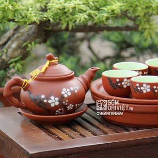 Bộ ấm chén uống trà tử sa Bát Tràng ấm trúc khay tròn vẽ hoa đào