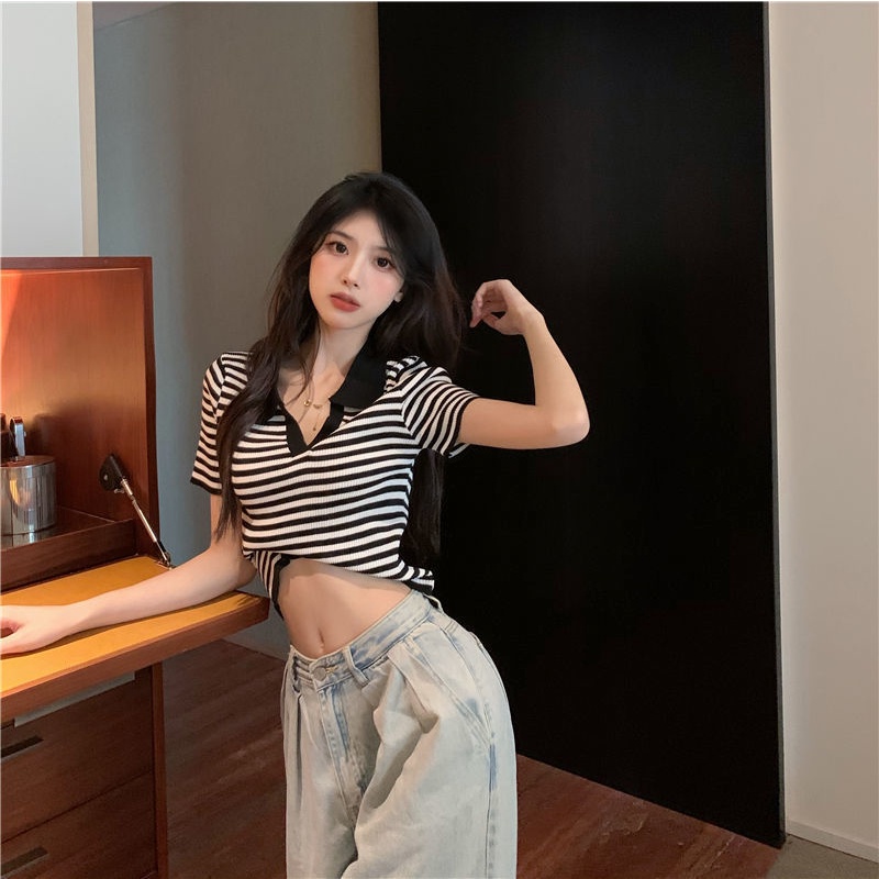 Áo thun BH tay ngắn họa tiết kẻ sọc thiết kế mới thời trang mùa hè theo phong cách Hàn Quốc cho nữ