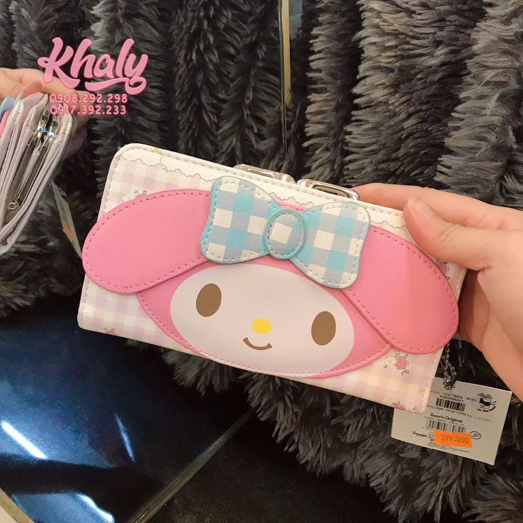 Bóp ví tiền cầm tay nút bật da mềm thỏ Melody bạn Hello Kitty nhiều ngăn size dài màu trắng cho nữ và các bạn gái