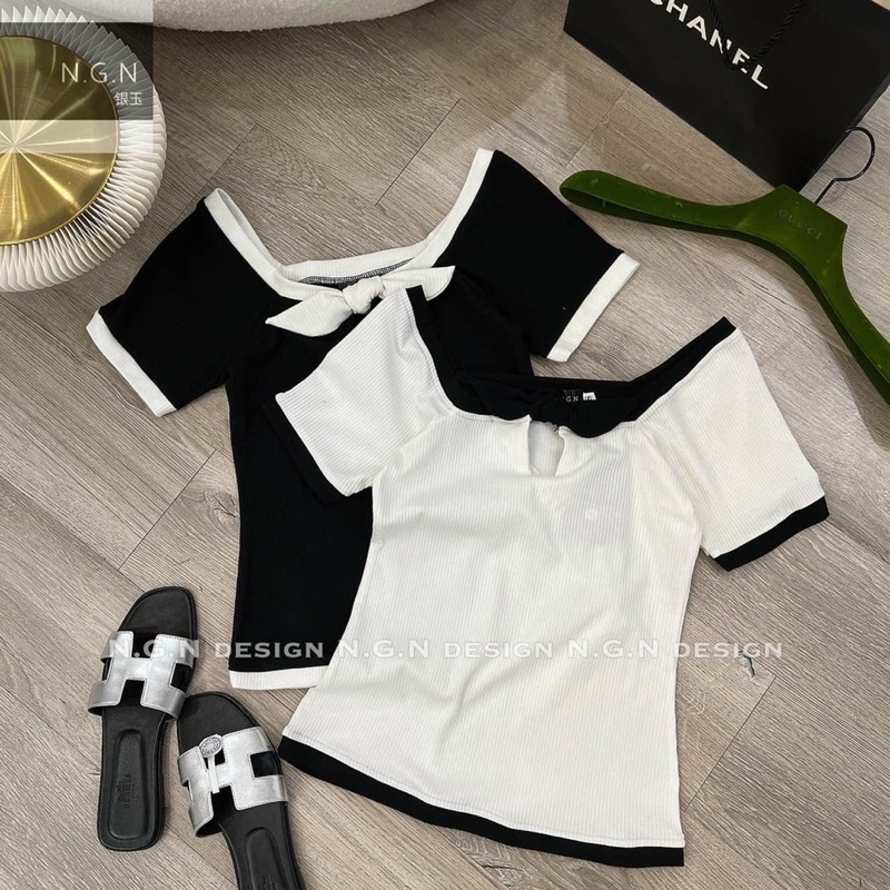 Áo Thun Croptop Tay Ngắn Viền Nơ Ngực