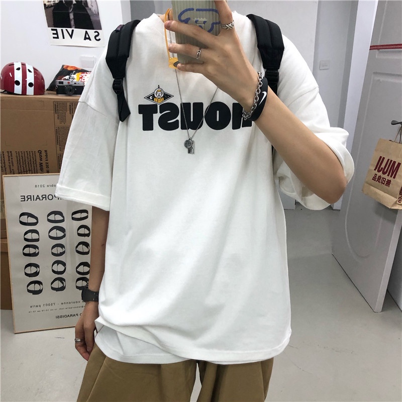 Áo thun tay ngắn cổ tròn dáng rộng in chữ thời trang Hàn Quốc cho nam nữ