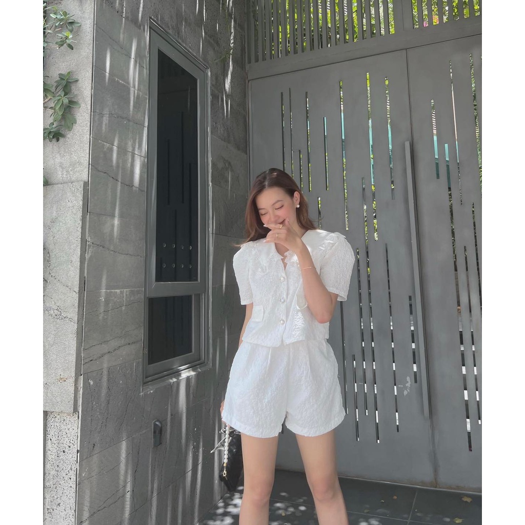 [HÀNG THIẾT KẾ CAO CẤP] Set Xốp Cổ Ren + Quần Short Thoải Mái Mặc Nhà / Đi Biển Màu Trắng / Xanh