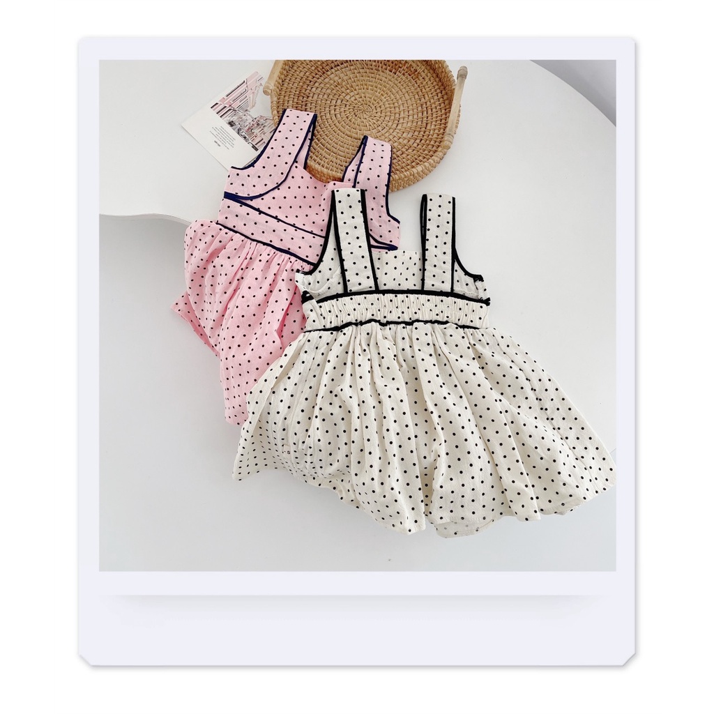 Váy chấm bi 2 dây bản to cho bé gái có chun lưng