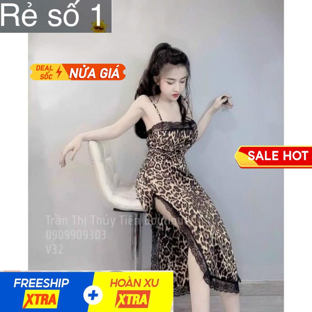 MÃ WAMYMX GIẢM NGAY 10K ĐƠN 50K Váy đầm nữ body hai dây xẻ tà họa tiết da beo phối ren (có mút ngực)