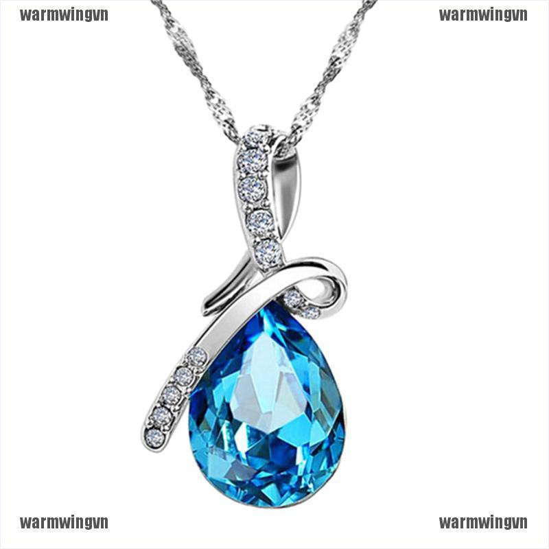 Vòng cổ Mạ Bạc Mặt Hình Giọt Nước Đính Đá Zircon Xanh Thời Trang