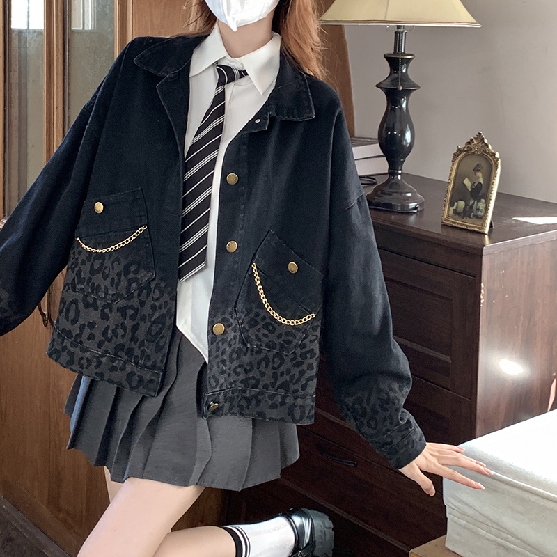 Áo Khoác denim In Họa Tiết Da Báo Thời Trang Dành Cho Nữ