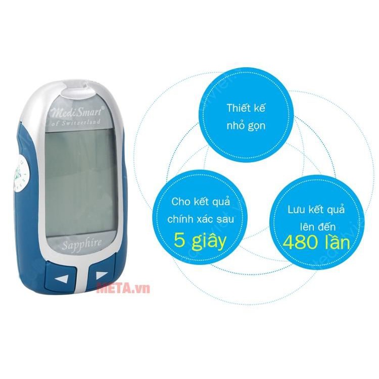 ✅ Máy Đo Đường Huyết: MediSmart Sapphire (Trọn Bộ 50 Que, 50 Kim, Tặng CỒN) -VT0587