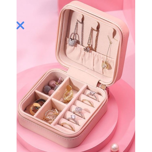 Hộp Đựng Trang Sức Mini Bằng Vải Nhung Có Dây Khóa Kéo Tiện Dụng Khi Đi Du Lịch Kích thước 10x10x5cm