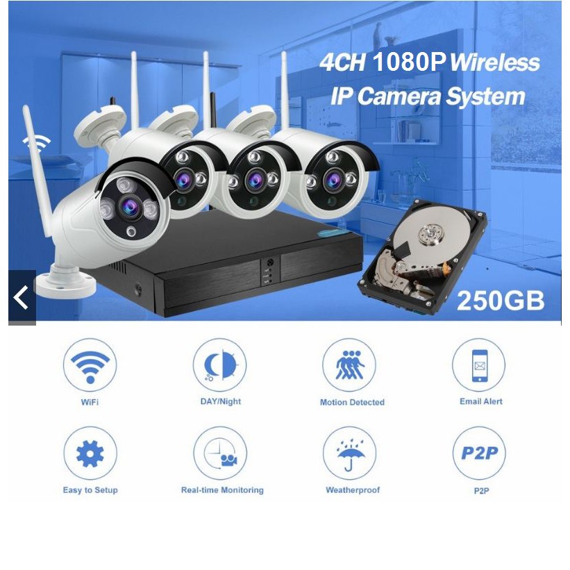 Bộ 4 Camera IP 1080P + Đầu Ghi+ Ổ Cứng 250GB Dùng App Xmeye