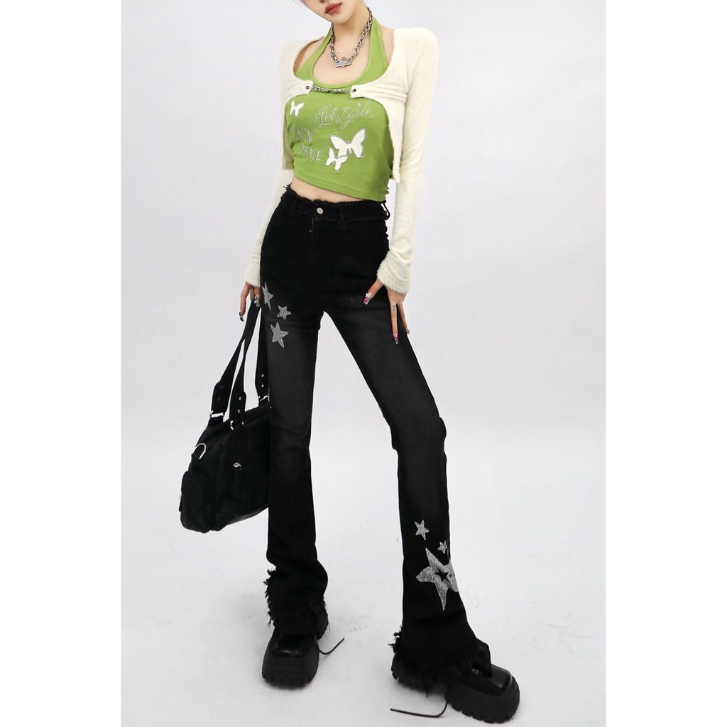 Quần Jeans Ống Loe Lưng Cao Đính Đá Màu Đen Phong Cách Đường Phố Mùa Xuân Y2k Cho Nữ