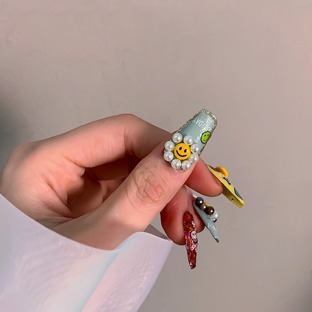 [Hàng mới về] Phụ kiện trang trí móng tay nghệ thuật họa tiết hoa / mặt cười 3d nhiều màu dễ thương diy