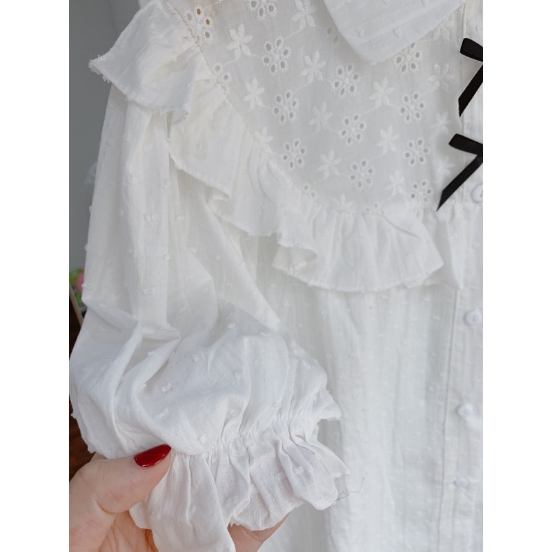 Áo sơ mi kiểu trắng tiểu thư cộc tay đính nơ  - Áo sơ mi trắng viền bèo Zuca Shop | BigBuy360 - bigbuy360.vn