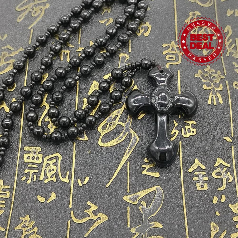 Chuỗi Hạt Đá Obsidian Tự Nhiên Màu Đen Chạm Khắc Chữ Thập May Mắn I3Y6