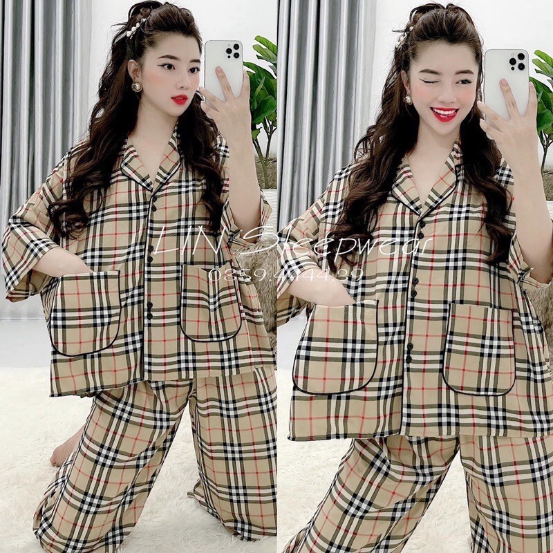 Pijama quần dài áo tay dơi lụa mango CAO CẤP sọc nâu cổ điển cho nàng 40-80kg