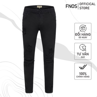 Quần jean nam streetwear cao cấp FNOS NZ3 màu đen rách gối form slimfit jean thun co giãn