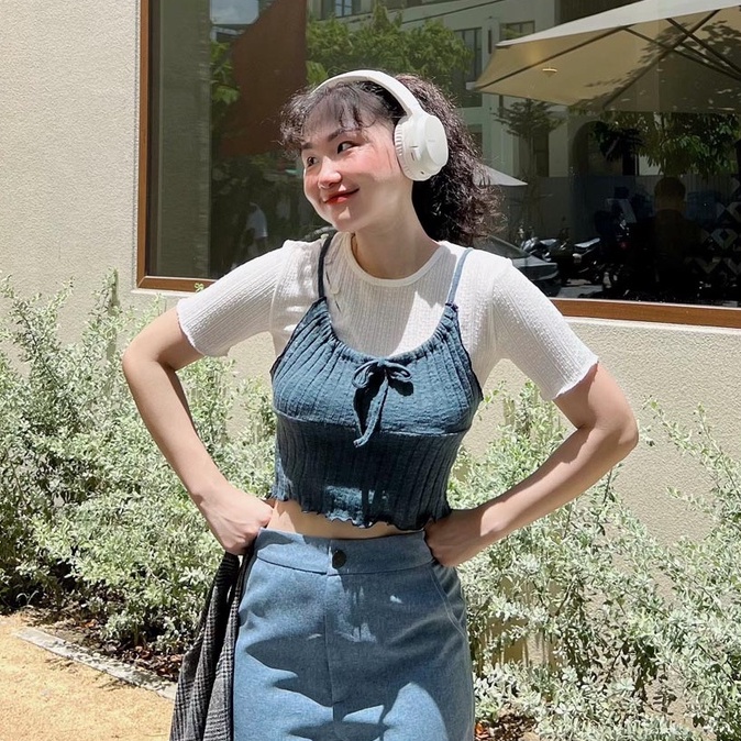 Áo croptop 2 dây thun rút thời trang GAGO màu xanh dương GA4120