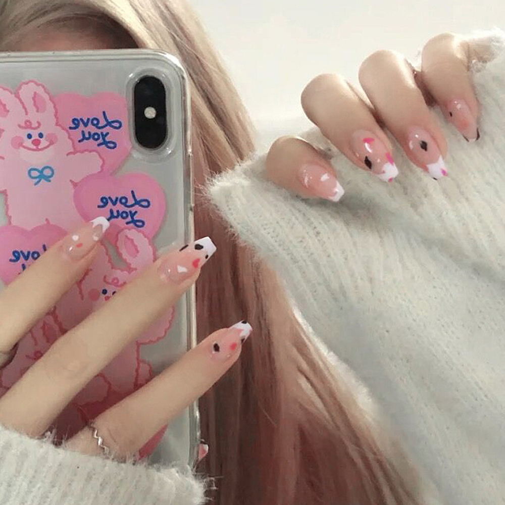 [Hàng mới về] Hộp 24 móng tay giả ballerina có thể đeo vào tháo ra thiết kế che toàn móng họa tiết bò sữa kèm keo ấn