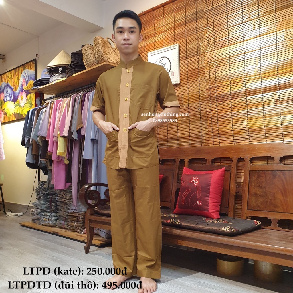 ĐỒ PHẬT TỬ NAM - bộ lãnh tụ cư sĩ nam # pháp phục nam tay ngắn cúc nhựa có viền nổi LTP